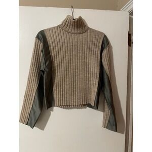 ZARA Turtleneck Ribbed Knit Faux Leather Trim Cropped Sweater Top Size S